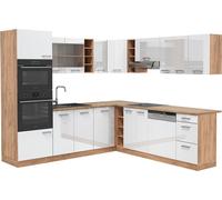 Vicco cuisine en angle R-Line, 237 x 247 cm sans plan de travail, Blanc brillant/Chêne doré