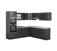 Vicco Cuisine en Angle R-Line Anthracite Brillant/Anthracite 247x237 cm | 14 Modules · Pieds réglables en hauteur · Plan de travail in açades robustes · Avec armoire four/micro-ondes