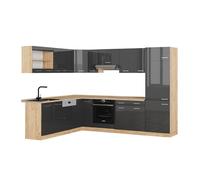 Vicco cuisine en angle R-Line, 227 x 287 cm sans plan de travail, Anthracite brillant/Chêne doré