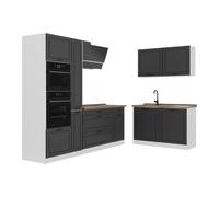 Vicco Cuisine en Angle R-Line, Anthracite Campagne/Blanc 230 x 120 cm | 8 Modules · Pieds réglables en hauteur · Plan de travail in açades en MDF · Avec armoire four/micro-ondes
