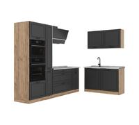 Vicco Cuisine en Angle R-Line, Anthracite Campagne/Chêne doré 230 x 120 cm | 8 Modules · Pieds réglables en hauteur · Plan de travail in açades en MDF · Avec armoire four/micro-ondes