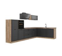 Vicco Cuisine en angle "R-Line", Anthracite campagne/Chêne doré 347 x cm | 8 Modules · Pieds réglables en hauteur · Plan de travail in açades en MDF · Avec armoire pour four