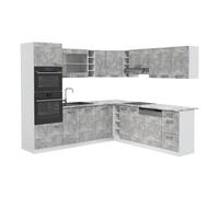Vicco Cuisine en Angle R-Line, Béton/Blanc, 247 x 237 cm | 14 Modules · Pieds réglables en hauteur · Plan de travail incl. · Façades robustes · Avec armoire four/micro-ondes