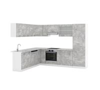 Vicco Cuisine en Angle R-Line, Béton/Blanc, 287 x 227 cm | 12 Modules · Pieds réglables en hauteur · Sans plan de travail · Façades robustes · Avec armoire pour réfrigérateur