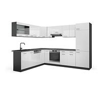 Vicco Cuisine en Angle R-Line, Blanc Brillant/Anthracite, 287 x 227 cm | 12 Modules · Pieds réglables en hauteur · Sans plan de travail · Façades robustes · Avec armoire pour réfrigérateur