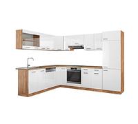 Vicco Cuisine en Angle R-Line, Blanc Brillant/Chêne doré, 227 x 287 cm sans Plan de Travail