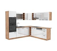 Vicco Cuisine en Angle R-Line, Blanc Brillant/Chêne doré, 247 x 237 cm