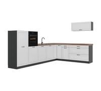 Vicco Cuisine en Angle R-Line, Blanc Campagne/Anthracite 327 x cm | 8 Modules · Pieds réglables en hauteur · Plan de travail in açades en MDF · Avec armoire pour four