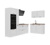 Vicco Cuisine en Angle R-Line, Blanc Campagne/Blanc 230 x 120 cm | 8 Modules · Pieds réglables en hauteur · Plan de travail incl. · Façades en MDF · Avec armoire four/micro-ondes