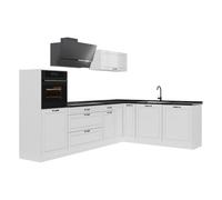 Vicco Cuisine en Angle R-Line, Blanc Campagne/Blanc 287 x cm | 12 Modules · Pieds réglables en hauteur · Plan de travail in açades en MDF · Avec armoire pour réfrigérateur
