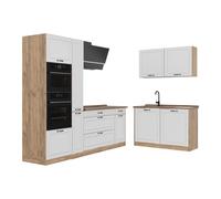 Vicco Cuisine en Angle R-Line, Blanc Campagne/Chêne doré 230 x 120 cm | 8 Modules · Pieds réglables en hauteur · Plan de travail in açades en MDF · Avec armoire four/micro-ondes