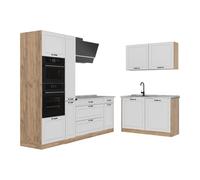Vicco Cuisine en Angle R-Line, Blanc Campagne/Chêne doré 230 x 120 cm | 8 Modules · Pieds réglables en hauteur · Plan de travail in açades en MDF · Avec armoire four/micro-ondes