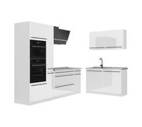Vicco Cuisine en Angle R-Line, Blanc Haute Brillance/Blanc 230 x 120 cm | 8 Modules · Pieds réglables en hauteur · Plan de travail in açades robustes · Avec armoire four/micro-ondes