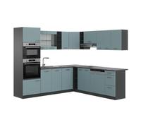 Vicco Cuisine en Angle R-Line, Bleu-Gris/Anthracite, 247 x 237 cm | 14 Modules · Pieds réglables en hauteur · Sans plan de travail · Façades robustes · Avec armoire four/micro-ondes
