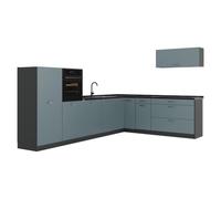 Vicco Cuisine en angle "R-Line", Bleu-gris/Anthracite 327 x cm | 8 Modules · Pieds réglables en hauteur · Plan de travail in açades robustes · Avec armoire pour four