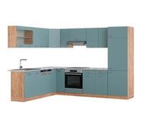 Vicco cuisine en angle R-Line, 227 x 287 cm , PT Marbre, Bleu-gris/chêne doré