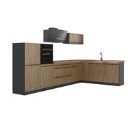Vicco Cuisine en angle "R-Line", Chêne Artisan/Anthracite 347 x cm | 8 Modules · Pieds réglables en hauteur · Plan de travail incl. · Façades robustes · Avec armoire pour four