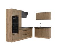 Vicco Cuisine en Angle R-Line, Chêne Artisan/Chêne doré 230 x 120 cm | 8 Modules · Pieds réglables en hauteur · Sans plan de travail · Façades robustes · Avec armoire four/micro-ondes
