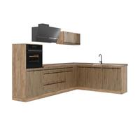 Vicco Cuisine en Angle R-Line, Chêne Artisan/Chêne doré 287 x cm | 12 Modules · Pieds réglables en hauteur · Plan de travail in açades robustes · Avec armoire pour réfrigérateur