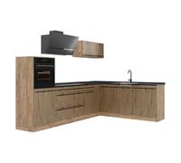 Vicco Cuisine en Angle R-Line, Chêne Artisan/Chêne doré 287 x cm | 12 Modules · Pieds réglables en hauteur · Plan de travail in açades robustes · Avec armoire pour réfrigérateur