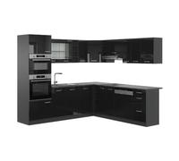 Vicco Cuisine en Angle R-Line, Noir Brillant/Anthracite, 247 x 237 cm | 14 Modules · Pieds réglables en hauteur · Sans plan de travail · Façades robustes · Avec armoire four/micro-ondes