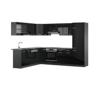 Vicco Cuisine en Angle R-Line, Noir Brillant/Anthracite, 287 x 227 cm | 12 Modules · Pieds réglables en hauteur · Sans plan de travail · Façades robustes · Avec armoire pour réfrigérateur