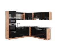 Vicco Cuisine en Angle R-Line, Noir Brillant/Chêne doré, 247 x 237 cm
