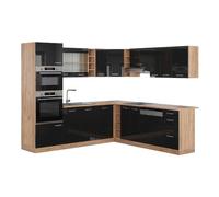 Vicco Cuisine en Angle R-Line, Noir Brillant/Chêne doré, 247x46cm sans PT, pour Une Configuration personnalisée et Une Extension avec des modules supplémentaires