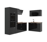Vicco Cuisine en Angle R-Line, Noir Haute Brillance/Anthracite 230 x 120 cm | 8 Modules · Pieds réglables en hauteur · Plan de travail in açades robustes · Avec armoire four/micro-ondes