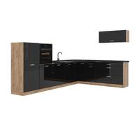 Vicco Cuisine en angle "R-Line", Noir Haute brillance/Chêne doré 327 x cm | 8 Modules · Pieds réglables en hauteur · Plan de travail in açades robustes · Avec armoire pour four