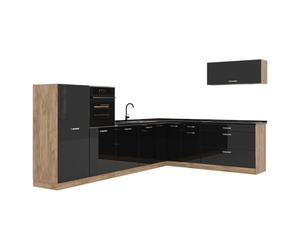 Vicco Cuisine en angle "R-Line", Noir Haute brillance/Chêne doré 327 x cm | 8 Modules · Pieds réglables en hauteur · Plan de travail in açades robustes · Avec armoire pour four