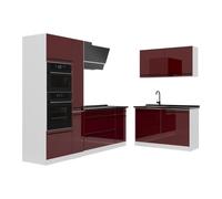 Vicco Cuisine en Angle R-Line, Rouge Brillant/Blanc 230 x 120 cm | 8 Modules · Pieds réglables en hauteur · Plan de travail in açades robustes · Avec armoire four/micro-ondes