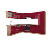 Vicco Cuisine en Angle R-Line, Rouge Brillant/Chêne doré, 287 x 227 cm