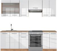 Vicco cuisine Fame-Line, 240 cm sans plan de travail, Blanc brillant/Chêne doré