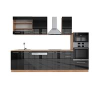 Vicco Cuisine Fame-Line, Anthracite Brillant/Chêne doré, 300cm avec Armoire Haute, sans PT, pour Une Extension personnalisée avec des modules complémentaires compatibles