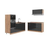 Vicco Cuisine Fame-Line, Anthracite Brillant/Chêne doré, 340cm