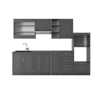 Vicco Cuisine Fame-Line, Anthrazit-Gold Landhaus, 280cm | 9 Modules · Pieds réglables en hauteur · Sans plan de travail · Façades en MDF · Softclose · Poignées en métal
