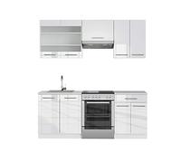 Vicco Cuisine Fame-Line, Blanc Brillant/Blanc, 200cm | 5 Modules · Pieds réglables en hauteur · Sans plan de travail · Façades en MDF · Softclose · Poignées en métal