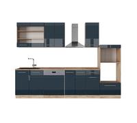 Vicco Cuisine Fame-Line, Bleu foncé Brillant/chêne doré, 300cm avec Armoire Haute, PT Chêne, pour Une Extension personnalisée avec des modules complémentaires compatibles