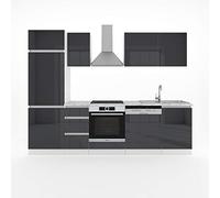Vicco cuisine Optima, 270 cm sans plan de travail, sans poignée, Anthracite Haute brillance/Blanc