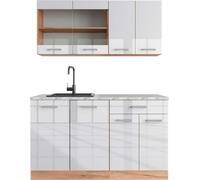 Vicco cuisine R-Line, 140 cm , PT Marbre, Blanc brillant/Chêne doré