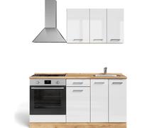 Vicco Cuisine R-Line, 160cm avec meuble four encastrable sans PT, Blanc brillant/Chêne doré