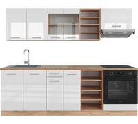 Vicco cuisine R-Line, 240 cm sans plan de travail, Blanc brillant/Chêne doré