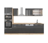 Vicco Cuisine R-Line, Anthracite Brillant/Chêne doré, 300cm avec Armoire Haute, sans PT, pour Une Extension personnalisée avec des modules complémentaires compatibles
