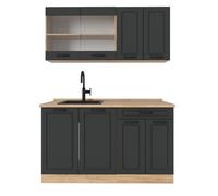 Vicco Cuisine R-Line, Anthracite Campagne/Chêne doré, 140cm | 4 Modules · Pieds réglables en hauteur · Sans plan de travail · Façades en MDF · Avec armoire vitrée