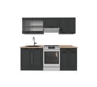 Vicco Cuisine R-Line, Anthracite Maison de Campagne/Anthracite, 200cm | 5 Modules · Pieds réglables en hauteur · Sans plan de travail · Façades en MDF · Avec armoire vitrée