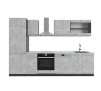 Vicco Cuisine R-Line, Béton/Anthracite, 300cm | 8 Modules · Pieds réglables en hauteur · Plan de travail in açades robustes · Avec armoire pour réfrigérateur