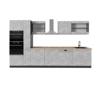 Vicco Cuisine R-Line, Béton/Anthracite, 350cm | 9 Modules · Pieds réglables en hauteur · Sans plan de travail · Façades robustes · Avec armoire four/micro-ondes