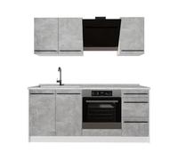 Vicco Cuisine "R-Line", Béton/Blanc 180 cm | 5 Modules · Pieds réglables en hauteur · Sans plan de travail · Façades robustes · Avec meuble pour cuisinière