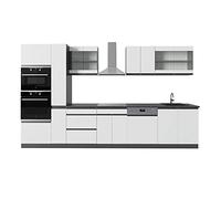 Vicco Cuisine R-Line, Blanc/Anthracite, 350cm J-Shape, avec Armoire Haute, sans PT, adapté à Une Personnalisation et Une Extension Individuelles